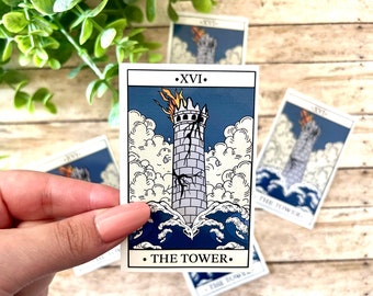 Adesivo de cartão de tarô da torre, adesivo de cartão de tarô, a torre, adesivo de bruxa, adesivo espiritual, adesivo resistente à água, adesivos de leitura