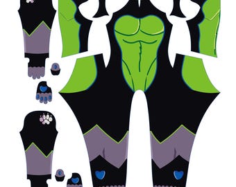 Op de afbeelding: Een zwart-groen bodysuit-patroon met paarse en blauwe accenten. Het ontwerp bevat pootafdrukken, hartvormen en een gestileerde gespierde borst. Het patroon is voor een volledig lichaamskledingstuk.
