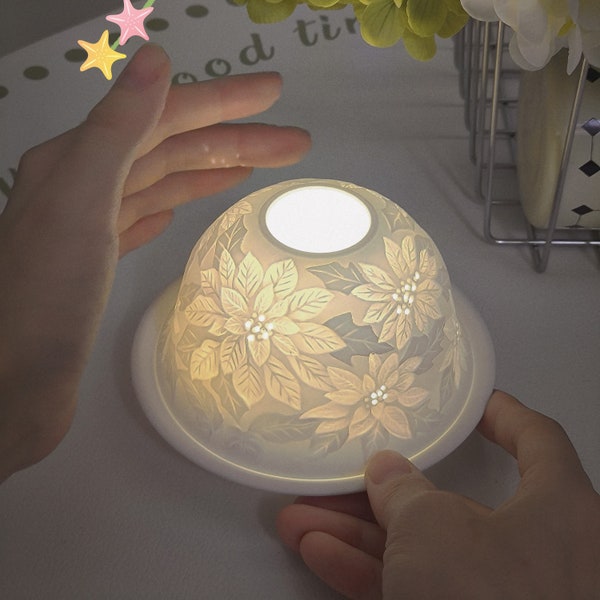 Poinsettia Lithophane Embossed Porcelain Tealight Dome, Light Candlestick Housewarming Gift