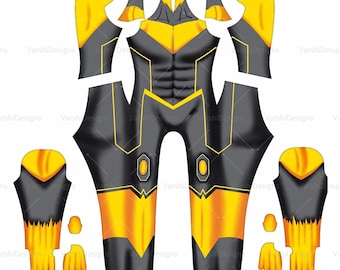 Op de afbeelding: Een zwart en geel superheldenkostuumontwerp, met een volledig bodysuit, handschoenen en schoenhoezen. Het ontwerp bevat gele accenten en geometrische vormen, met een gespierd torso-ontwerp.