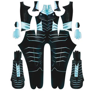 Puede incluir: Ilustración digital de un body negro y azul claro, con piezas separadas para los brazos, manos y cabeza. El diseño presenta líneas angulares y una estética futurista, con acentos azules brillantes.