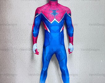 カスタムスパイダーパンクコスプレコスチューム、青いボディスーツと