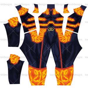 May include: A pattern for a costume featuring a black and blue jumpsuit with orange and yellow flames. The pattern includes separate pieces for the torso, legs, arms, and head.
