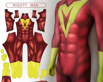 Body personalizado hecho a mano, disfraz de traje rojo, mono de cosplay de Mighty Man mostrado
