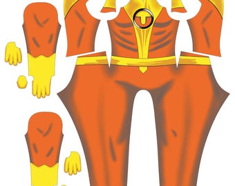 Op de afbeelding: Een plat patroon voor een superhelden kostuum in oranje en geel. Het ontwerp omvat een volledig pak, mouwen, handschoenen en schouderstukken. Het pak heeft een gele riem en een cirkelvormig embleem op de borst. Klaar om te knippen en te naaien.