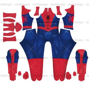 Pu&ograve; includere: Un modello di costume di Spiderman rosso e blu con un logo di ragno sul petto. Il modello include pezzi separati per la testa, il busto, le braccia e le gambe.