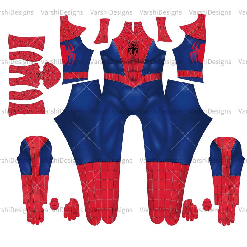 Pu&ograve; includere: Un modello di costume di Spiderman rosso e blu con un logo di ragno sul petto. Il modello include pezzi separati per la testa, il busto, le braccia e le gambe.