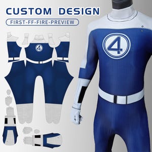 Servizio di commissione per costumi da tuta dei Fantastici Quattro, cosplay con tuta blu, tuta personalizzata con personaggio