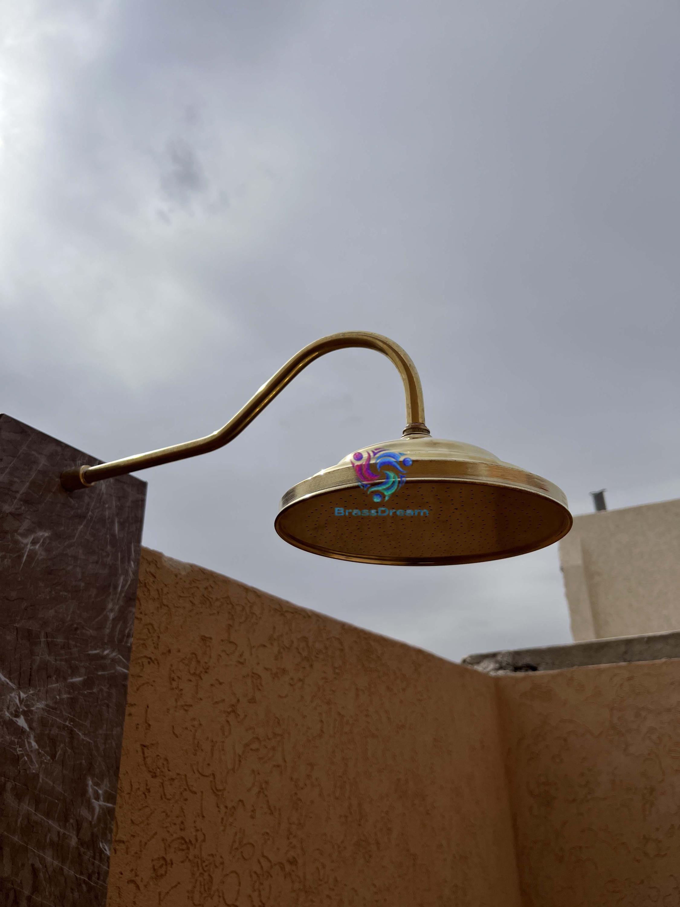 Round Brass Outdoor Shower Head with Long Arm - Rainfall Wall-Mounted Shower - Solid Brass Antique Finish Bath Fixture