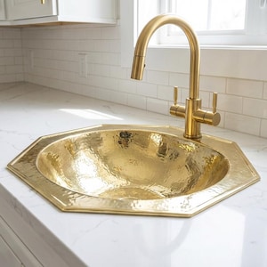 Handcrafted Octagon Brass Bathroom Sink – Hammered Solid Brass Vanity Bowl, Moroccan Drop-In Basin