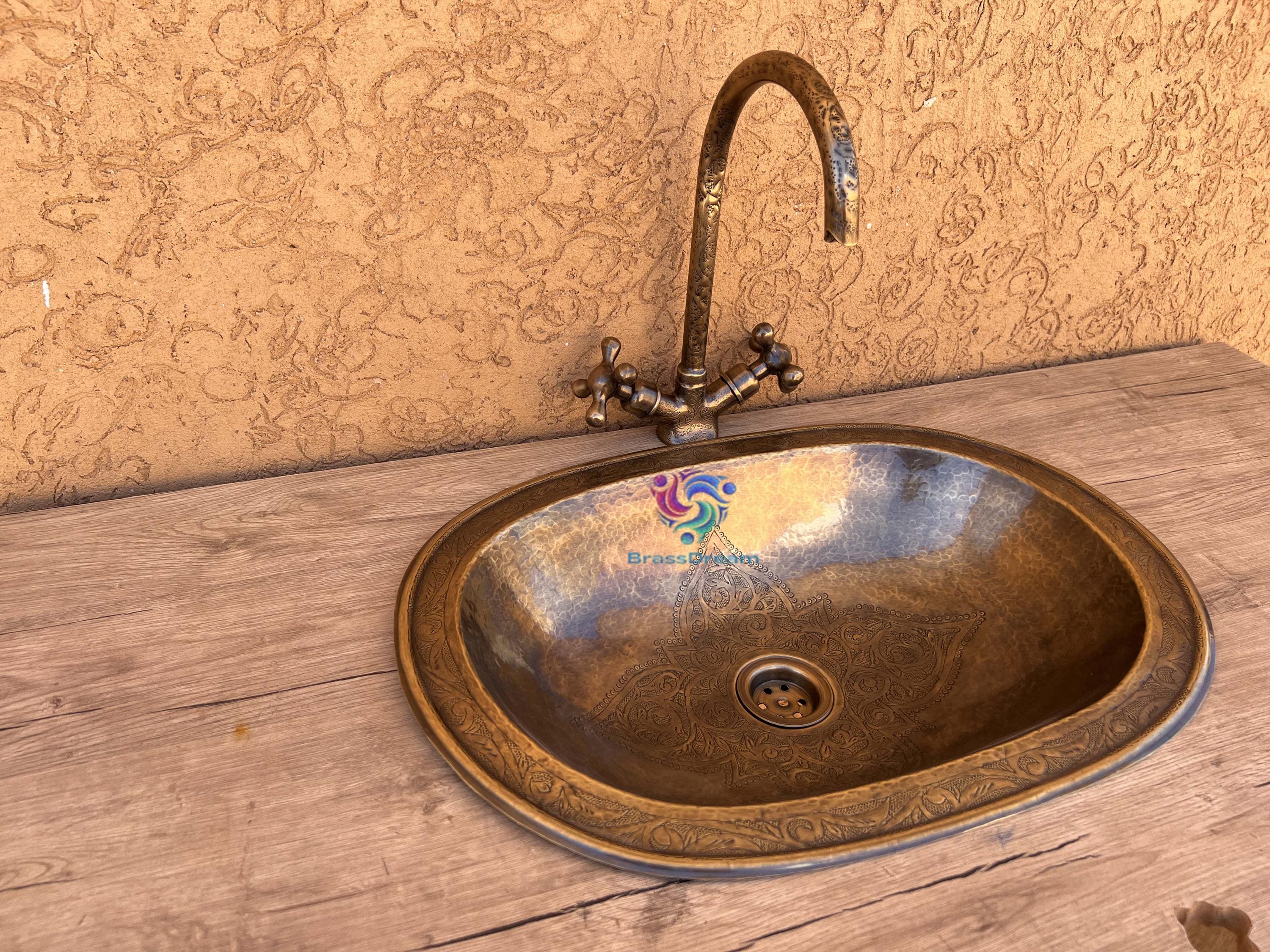 Vintage Brass Bathroom Sink & Faucet Set - Hand-Engraved Basin with…