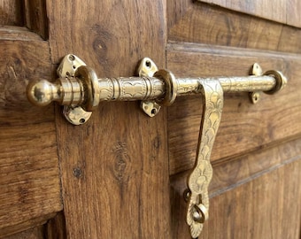 Solid Brass Door Latch | Moroccan Vintage Door Lock Bar | Engraved Brass Slide Bolt | Traditional Arabic Door Hardware