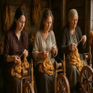 May include: Three people are sitting at spinning wheels, each working with a bundle of golden-brown wool. They are wearing simple, earthy-toned clothing and are focused on their task.