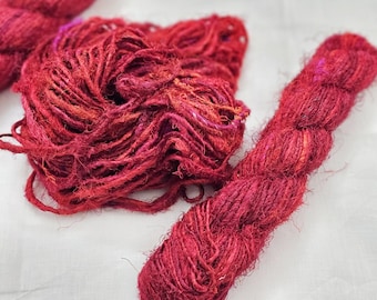 Spicy Red Recycled Sari Silk Handspun Upcycled Yarn for Knitting, Crochet, Weaving, Boho Craft