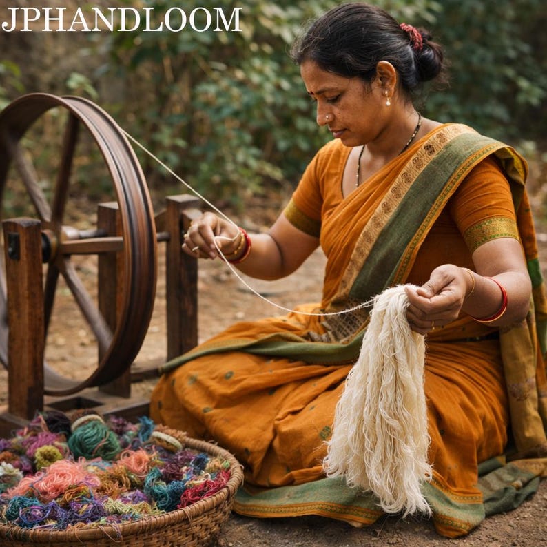May include: A woman in an orange sari sits near a wooden spinning wheel, working with white yarn. A basket of colorful yarn sits nearby. The text "JPHANDLOOM" is at the top of the image. The scene suggests traditional textile production.