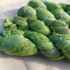Vibrant Green Recycled Sari Silk Ribbon: 100g/3.5oz, 50 Yards