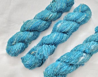 Teal Blue Recycled Sari Silk Handspun Upcycled Yarn for Knitting, Crochet, Weaving, Boho Craft