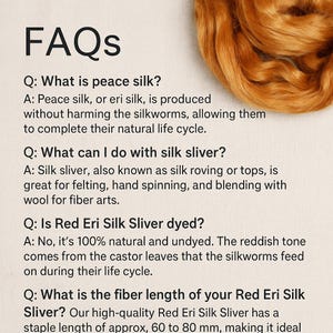 May include: FAQs about peace silk, also known as eri silk.  Peace silk is produced without harming the silkworms.  Learn about the uses of silk sliver, which is also known as silk roving or tops.  The image shows a close-up of a reddish-brown silk sliver.