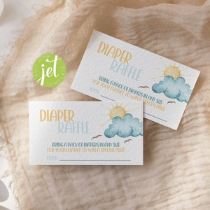 Aquí viene la tarjeta de rifa de pañales para el hijo. Juego retro para baby shower para niño. Plantilla editable para rifa de pañales. Descarga digital instantánea