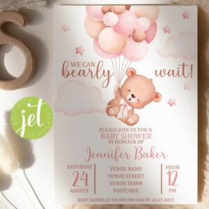 We Can Bearly Wait Baby Shower Invitation. Brown Teddy Bear with Balloons, Pink It&#39;s A Girl Editable Template. Instant Digital Download