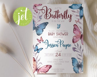 Butterfly Baby Shower Invitation Template. Editable Pink, Blue, Purple Butterflies Invite for Girl. A Little Butterfly. Instant Download