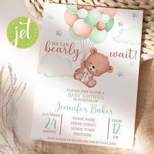 We Can Bearly Wait Baby Shower Invitation. Brown Teddy Bear with Balloons, Neutral Sage Green Editable Template. Instant Digital Download