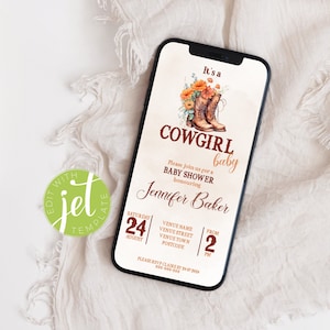 Cowgirl Baby Shower Evite Editable Template. Country and Western Rodeo Theme for Girl. A Little Cowgirl Invite. Instant Digital Download.