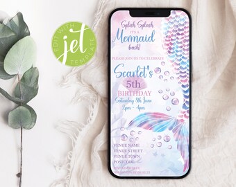 Editable Mermaid Evite for Under The Sea Girl's Birthday Party in Pink, Purple and Blue. Instant Digital Download Template