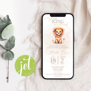 Bewerkbare A Little King Baby Shower Evite, digitale uitnodiging. Uitnodigingssjabloon It&#39;s A Boy, Lion, Safari Wild One. Direct downloaden.