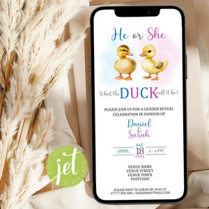 What The Duck Gender Reveal Invitation Template. Editable Easter Springtime Invite. Boy or Girl? He or She? Instant Digital Download