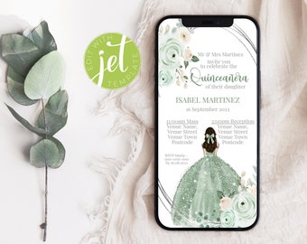 Editable Sage Green Quinceanera Invitation Template. Sweet 15th 16th Birthday Invitation for Girl. Mis Quince Anos. Instant Digital Download