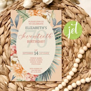 女性のための 70 歳の誕生日招待状。50 歳、60 歳、70 歳、80 歳、90 歳の誕生日に使える花柄の編集可能なテンプレート招待状。すぐにデジタルダウンロードできます。