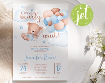 We Can Bearly Wait Baby Shower Invitation. Brown Teddy Bear with Balloons, Blue It's A Boy Editable Template. Instant Digital Download