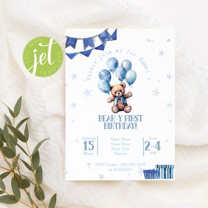 Beary First Birthday Invitation Template. Brown Teddy Bear 1st Birthday Editable Invite for Boy. We Can Bearly Wait Instant Digital Download