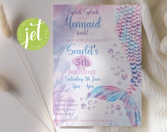 Editable Mermaid Invitation for Under The Sea Girl's Birthday Party in Pink, Purple and Blue. Instant Digital Download Template