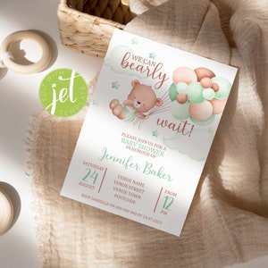 We Can Bearly Wait Baby Shower Invitation. Brown Teddy Bear with Balloons, Neutral Sage Green Editable Template. Instant Digital Download