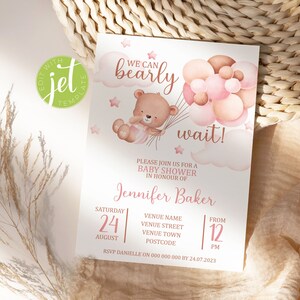 We Can Bearly Wait Baby Shower Invitation. Brown Teddy Bear with Balloons, Pink It&#39;s A Girl Editable Template. Instant Digital Download