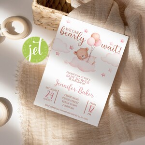 We Can Bearly Wait Baby Shower Invitation. Brown Teddy Bear with Balloons, Pink It&#39;s A Girl Editable Template. Instant Digital Download