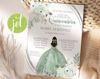 Editable Floral Sage Green and Grey Quinceanera Invitation. Mis Quince Anos Invite for Girl Sweet 15/16 Birthday. Instant Digital Download