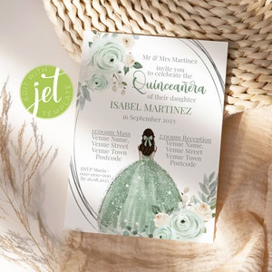 Editable Floral Sage Green and Grey Quinceanera Invitation. Mis Quince Anos Invite for Girl Sweet 15/16 Birthday. Instant Digital Download