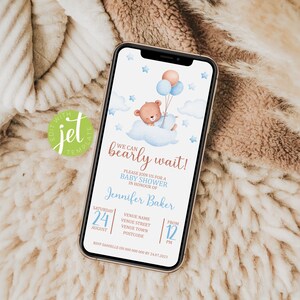 We Can Bearly Wait Baby Shower Invitation. Brown Teddy Bear with Balloons, Blue It&#39;s A Boy Editable Template. Instant Digital Download