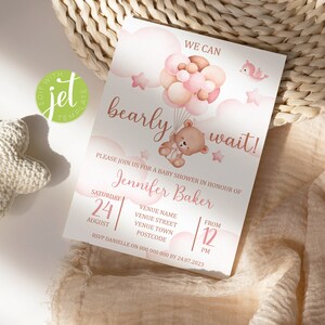 We Can Bearly Wait Baby Shower Invitation. Brown Teddy Bear with Balloons, Pink It&#39;s A Girl Editable Template. Instant Digital Download
