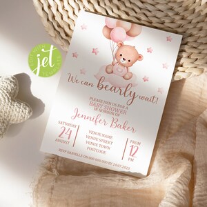 We Can Bearly Wait Baby Shower Invitation. Brown Teddy Bear with Balloons, Pink It&#39;s A Girl Editable Template. Instant Digital Download