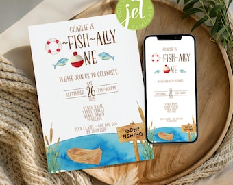 Plantilla de invitación para primer cumpleaños de Ofishally One. Invitación editable para primer cumpleaños de pesca. Pescando el pez grande. Descarga digital instantánea.