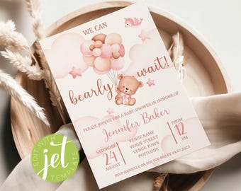 We Can Bearly Wait Baby Shower Invitation: Teddy Bear Invite For Girl (Digital Download) E21