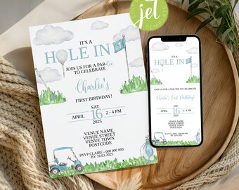Modello di invito di compleanno "Hole in One". Primo compleanno a tema golf. Facciamo una partita a golf. Invito modificabile per il primo compleanno di un bambino. Download digitale immediato.