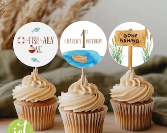 Fishing First Birthday Cupcake Toppers: Ofishally One Party Décor. (Digital Download) A11