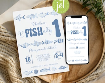 Plantilla de invitación para primer cumpleaños de Ofishally One. Invitación editable para primer cumpleaños de pesca. Pescando el pez grande. Descarga digital instantánea.