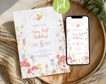 Fairy First Birthday Invitation Template. Girl's Wildflower Enchanted Fairy Garden 1st Birthday Editable Invite. Instant Digital Download
