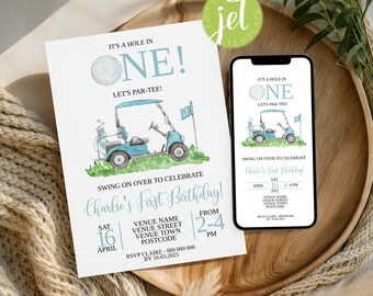 Modello di invito di compleanno "Hole in One". Primo compleanno a tema golf. Facciamo una partita a golf. Invito modificabile per il primo compleanno di un bambino. Download digitale immediato.